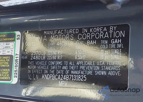 2011 Kia Sportage Lx z USA, uszkodzony, nr VIN KNDPBCA24B7131825